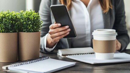 Professional businesswoman checking smartphone during coffee break at office desk with notebooks and decorative plant, modern workplace lifestyle