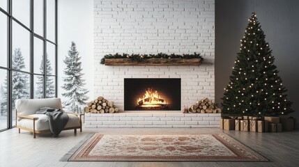 Cozy winter living room fireplace Christmas tree snow scene
