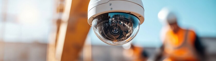 A rugged outdoor camera is mounted on scaffolding, capturing activity at a construction site. Blurred construction workers and machinery highlight safety and security compliance efforts