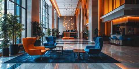 Modern Hotel Lobby Showcasing Stylish Furniture and Kiosk