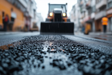 Wet city street undergoing asphalt paving in the rain