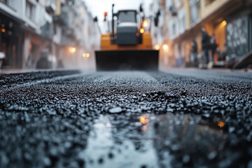 Workers paving a city street under rainy conditions