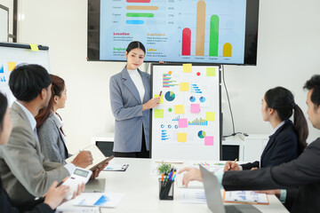 Business team brainstorming for planning strategies, laptop meeting with collaboration to present group project in office.