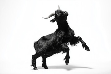 Black goat jumping against a white background