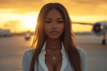 Confident professional near private jet at sunset