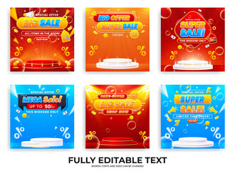 Collection of discount sale promo banner templates. Collection of flash sale, big sale, super sale, and mega sale promo discounts with podium, spotlights, and realistic abstract backgrounds.