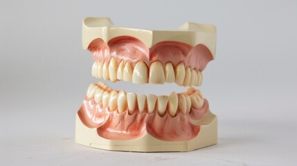Denture model on white background, useful for medical articles, dental websites or health education materials.