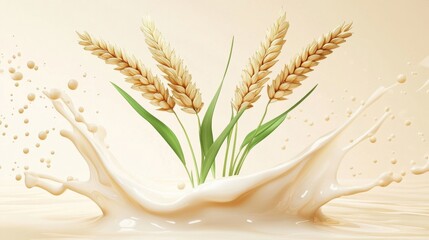 Falling oat flakes with milk splash on white background,Rolled oats falling into splashing milk,Dried oat plant Organic vegan liquid,Healthy breakfast meal,milkshake,yogurt spiral,diet drink.