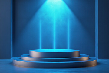 Blue stage with triple spotlights in dramatic lighting