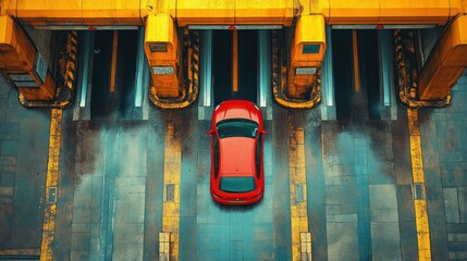 Bright red car navigating through toll booth lanes during a rainy day in a busy urban area