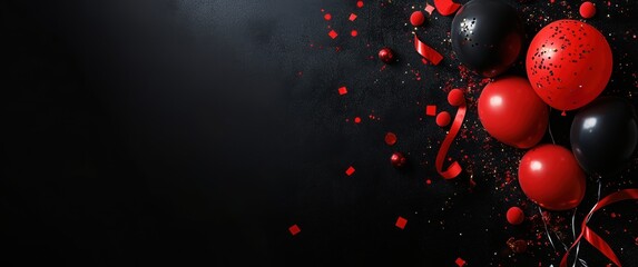 Colorful Balloons and Ribbons for Celebration on Dark Background