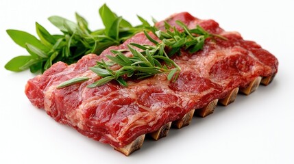 Fototapeta premium Raw lamb chops with herbs, white background, food photography, recipe illustration