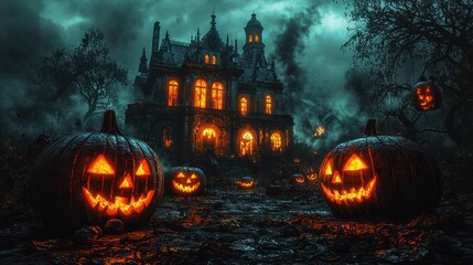 Haunted mansion at night with jack-o'-lanterns, spooky autumn scene