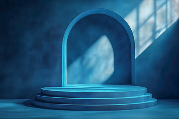 Dark blue stage with arched alcove and moody lighting