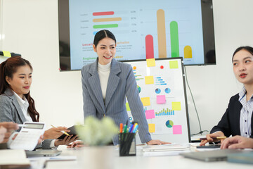 Business team brainstorming for planning strategies, laptop meeting with collaboration to present group project in office.