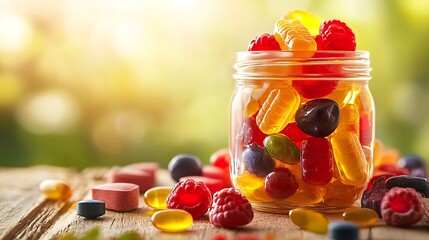Assorted gummy candies in glass jar on wooden table.