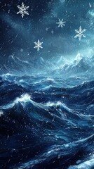 Fototapeta premium Snowflakes Falling Down on Stormy Ocean Waves Amid Mountainous Silhouettes