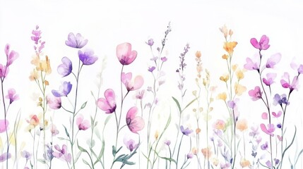 Beautiful seamless floral water color pattern Set, watercolor wild flowers, leaves and grass,Collection botanic garden elements, isolated illustration in rustic or vintage style,copy space.