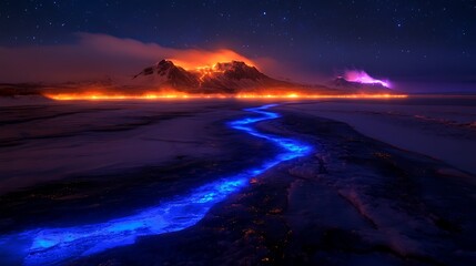 Fototapeta premium Night volcano glow, ice river