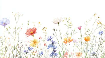 Beautiful seamless floral water color pattern Set, watercolor wild flowers, leaves and grass,Collection botanic garden elements, isolated illustration in rustic or vintage style,copy space.