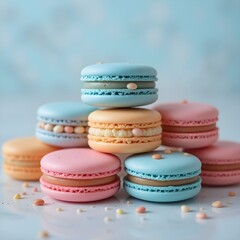 Fototapeta premium A vibrant assortment of macarons displayed on a serene blue background, showcasing their colorful textures and hues.
