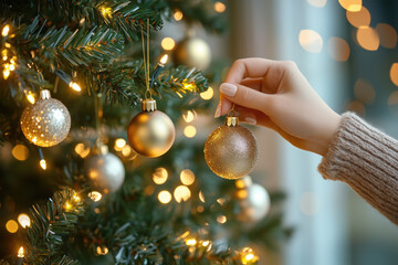 Close-up of a woman decorating a Christmas tree