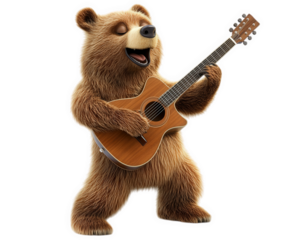 bear playing acoustic guitar with rockstar attitude, showcasing fun and lively expression. This playful scene captures joy of music and performance