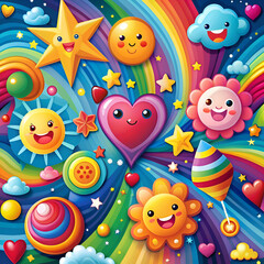 Whimsical Rainbow Art. Happy Faces and Joyful Colors
