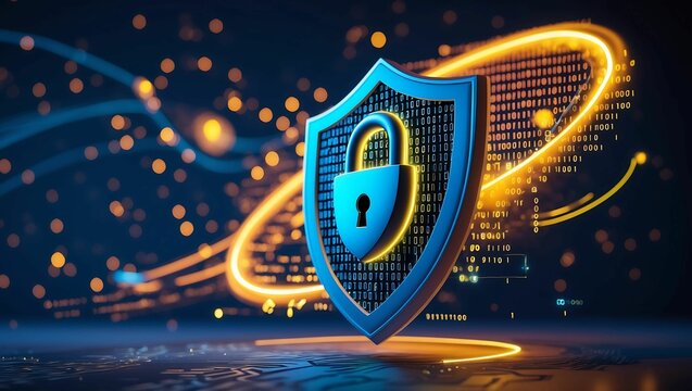 Cybersecurity concept featuring a glowing shield with a padlock, binary code, and bitcoin symbols. Digital protection, blockchain security, and modern technology themes in vibrant colors
