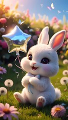 A cute chibi bunny in a sunlit meadow holds a shiny star balloon, surrounded by flowers, butterflies, and a whimsical glow.