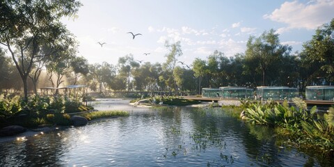 Fototapeta premium Tranquil Aquaculture Facility Showcasing Lush Fish Tanks with Modern Filtration