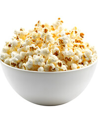 A bowl of freshly made popcorn with a light sprinkling of sea salt, placed on a white background. Transparent background


