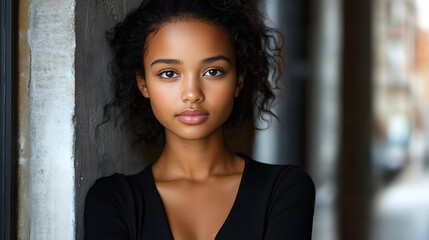 Fototapeta premium Young Woman with Beautiful Curly Hair and Natural Makeup Posing Confidently in Urban Setting Soft Lighting and Stylish Outfit