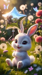 A cute chibi bunny in a sunlit meadow holds a shiny star balloon, surrounded by flowers, butterflies, and a whimsical glow.