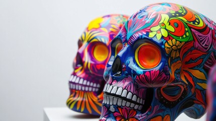 Obraz premium Vibrantly Colored Sugar Skulls: Artistic Display Featuring Intricate Floral Patterns, Ideal for Cultural Celebrations and Decorations