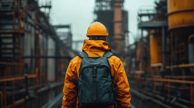Worker in a bright raincoat stands at a construction site overlooking industrial machinery during a rainy day