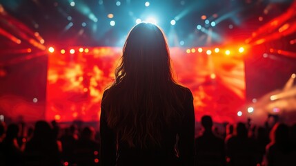 Audience member watches vibrant light display during concert, captivated by the performance atmosphere