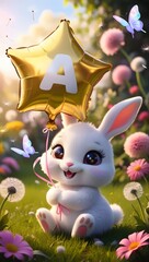 A chibi bunny in a sunlit meadow holds a shiny star balloon with letter ‘A’, surrounded by flowers, butterflies, and magic. ✨