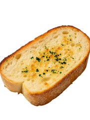 A warm slice of garlic bread with a golden, crispy crust, placed on a white table. Transparent background


