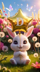 A cute chibi bunny in a sunlit meadow holds a shiny star balloon with 'D', surrounded by flowers, butterflies, and magic.