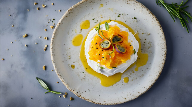 Pavlova dessert with bright kiwano and passion fruit.