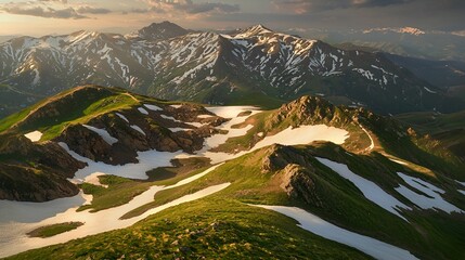 Sunset mountain range, snow patches, aerial view, landscape photography, nature background