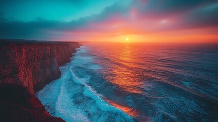 A serene coastal cliff at dusk, with the soft glow of the setting sun casting a warm light over the crashing waves below.
