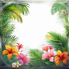Obraz premium border frame beautiful palm tree leaves and jungle flowers on white background; copy space for your text