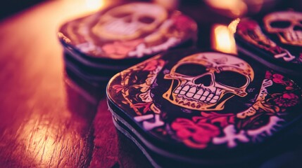 Vibrant Coasters with Skull Designs: Colorful, Artistic Elements Ideal for Decor or Themed Events