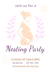 postcard invitation to nesting party, gentle template with pregnant girl
