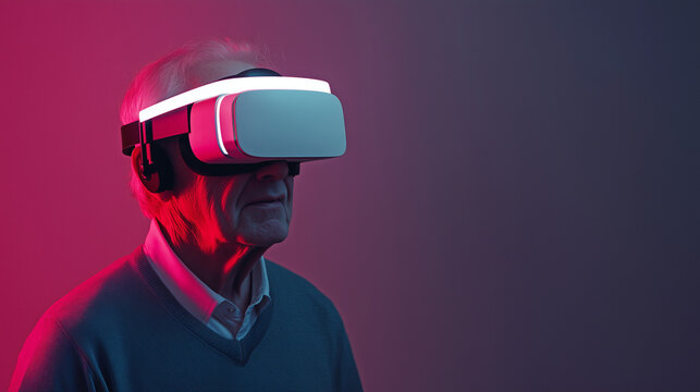 A senior man wearing a VR headset in a bright, modern interior, symbolizing technological adaptability and digital engagement for older generations.  