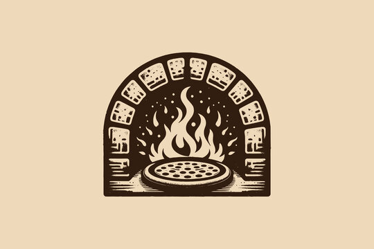 Vintage monochrome wood-fired pizza oven logo vector illustration