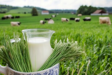 Exploring the charm of rural life with fresh milk and grass amidst green pastures and grazing cows. Generative AI