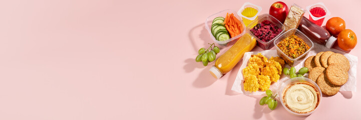 Web banner with gluten free salads, snack, smoothies. Quick food for lunch break, ready gluten free meals, copy space